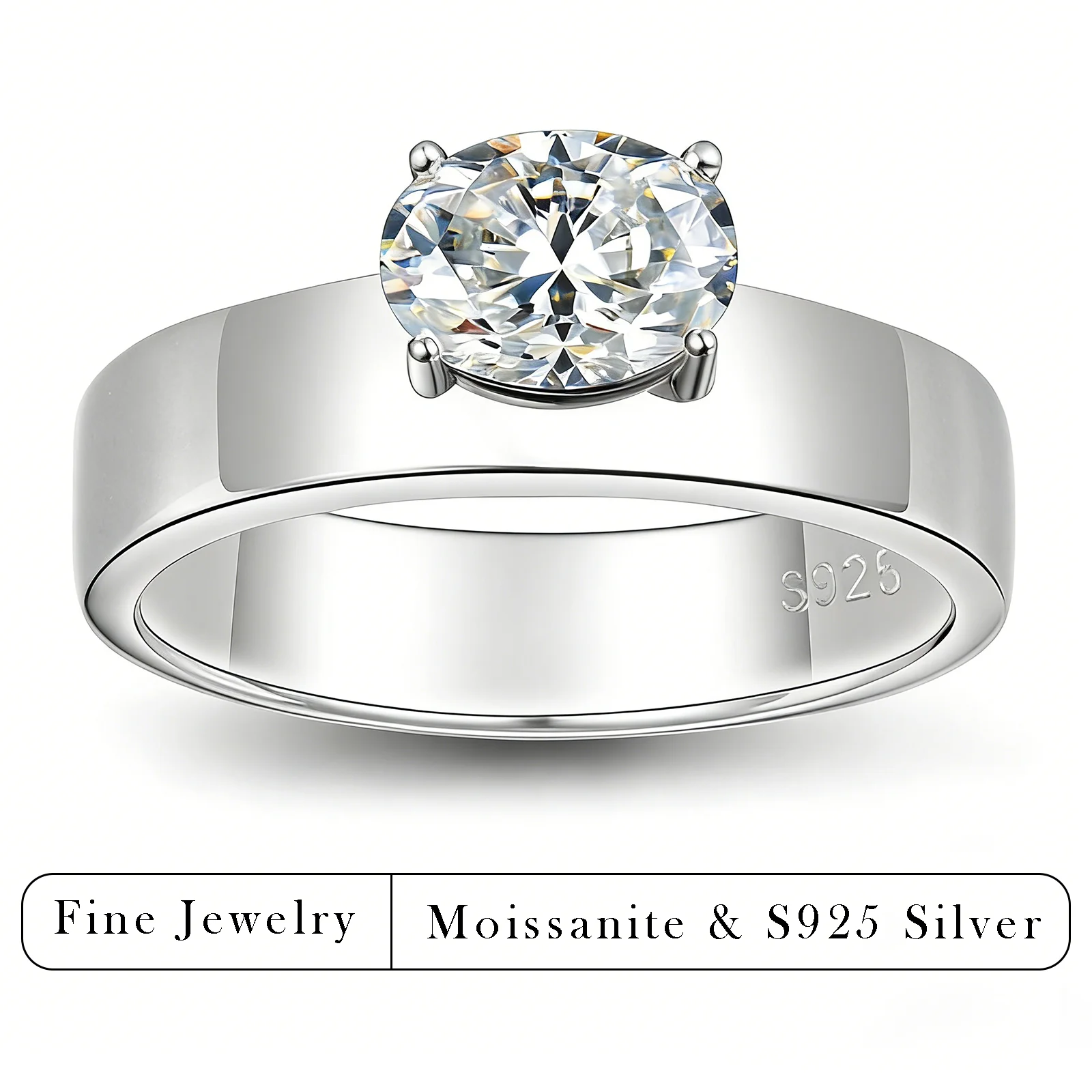 

Кольцо-солитер из серебра S925 с муассанитом круглой огранки, 1 карат, прочное, с широким ободком, в оправе с четырьмя крапанами, изысканное ювелирное изделие, обручальное кольцо