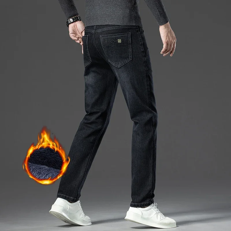 Winter Männlichen Gerade Stretch Fleece Jeans Gedruckt Warme Samt Hosen Business Casual Dicken Plüsch Denim Mode Marke Hosen