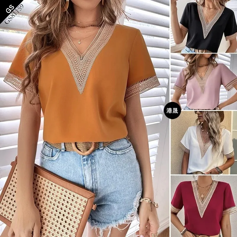 Casual Loose Short Sleeve Women Blouse Tops New Fashion White V Neck Chiffon Women Shirts Female Loose Clothing Blusas 21064