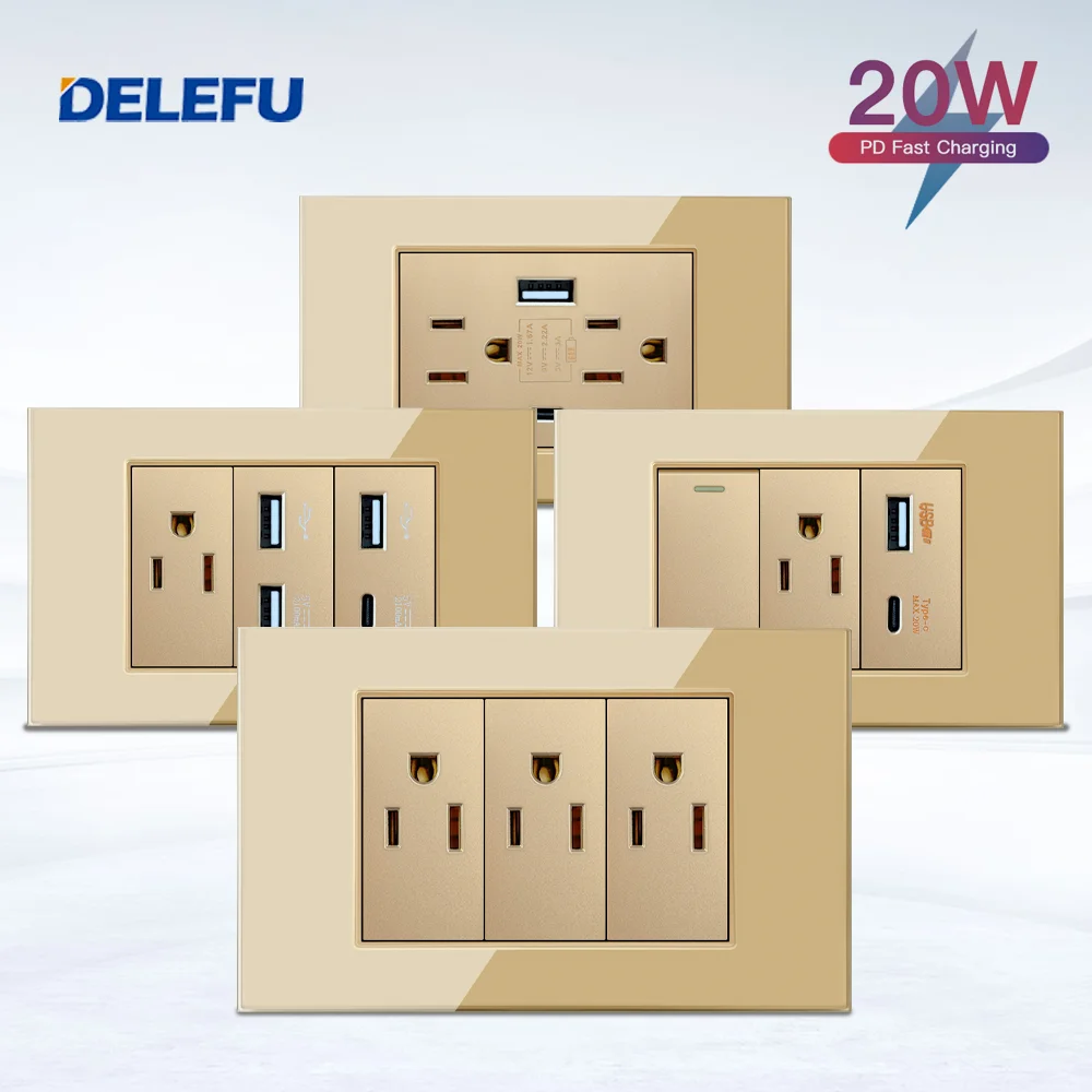DELEFU Gold 118mm Glass Panel Mexican Standard C-type American Wall Socket Switch Fast Charging Satellite Phone CAT5 CAT6