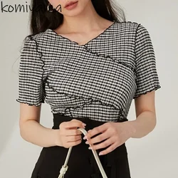 Irregular Plaid Tees Summer 2024 New Patchwork Fungus Y2k Tops V Neck Short Sleeve T Shirt Japan Style Elastic Ropa Mujer