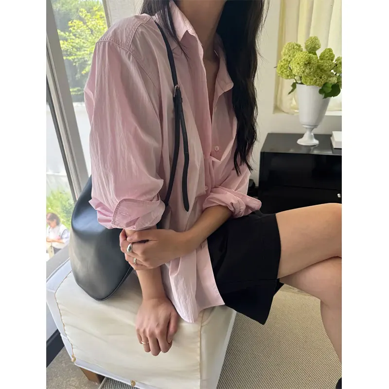 

Casual Loose Long Sve Pure Color Collar Button Women's irt Comfortable Breathable Skin-Friendly Dongda Gate Sle