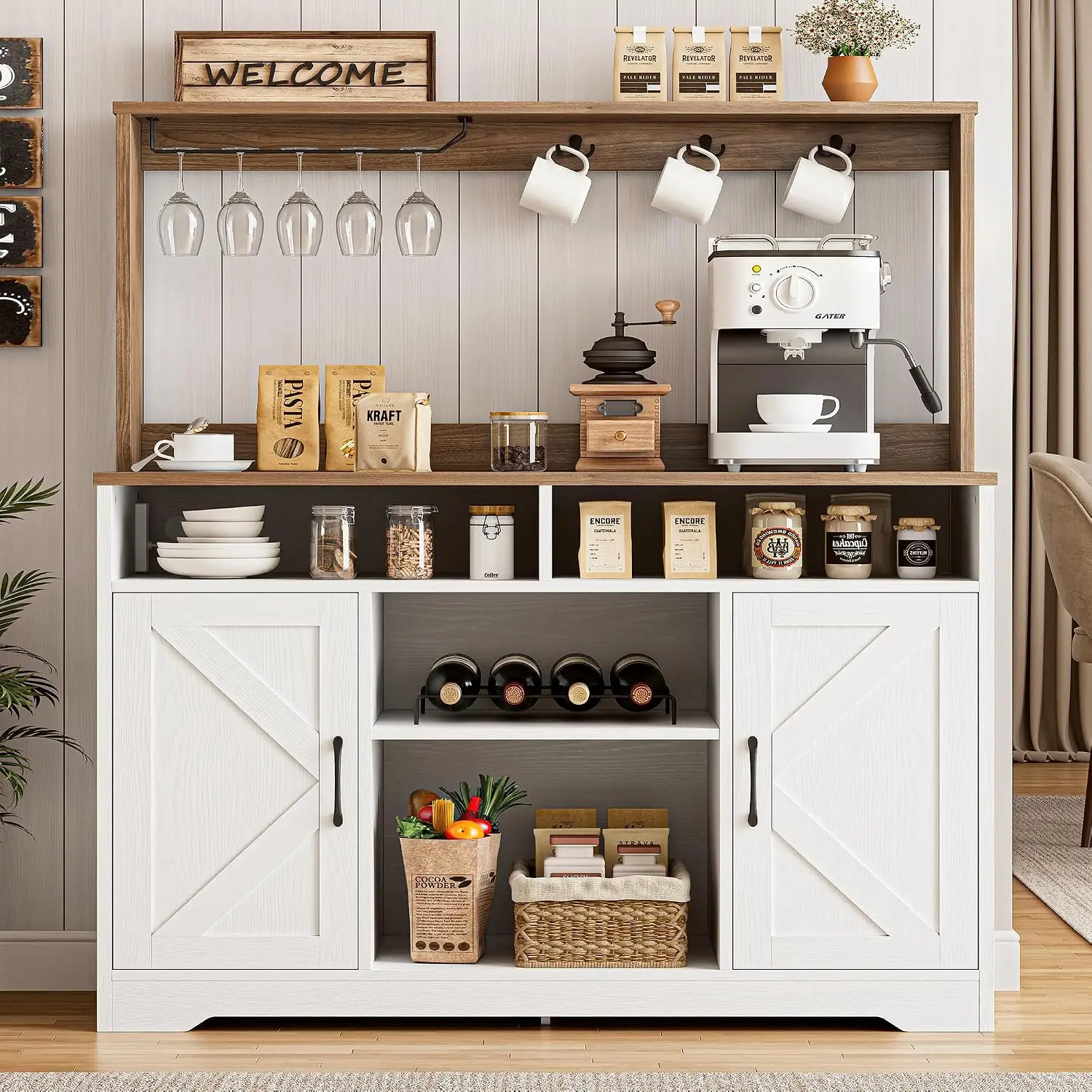 Farmhouse Coffee Bar Cabinet with Storage & Power Outlets 58" White, Customized