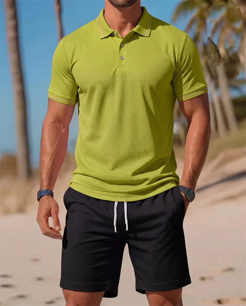 Men's two-piece suit Short Sleeve Polo Shirt + Drawstring Shorts Set Casual Summer  Breathable Beach Tracksuit Daily Wear view 6