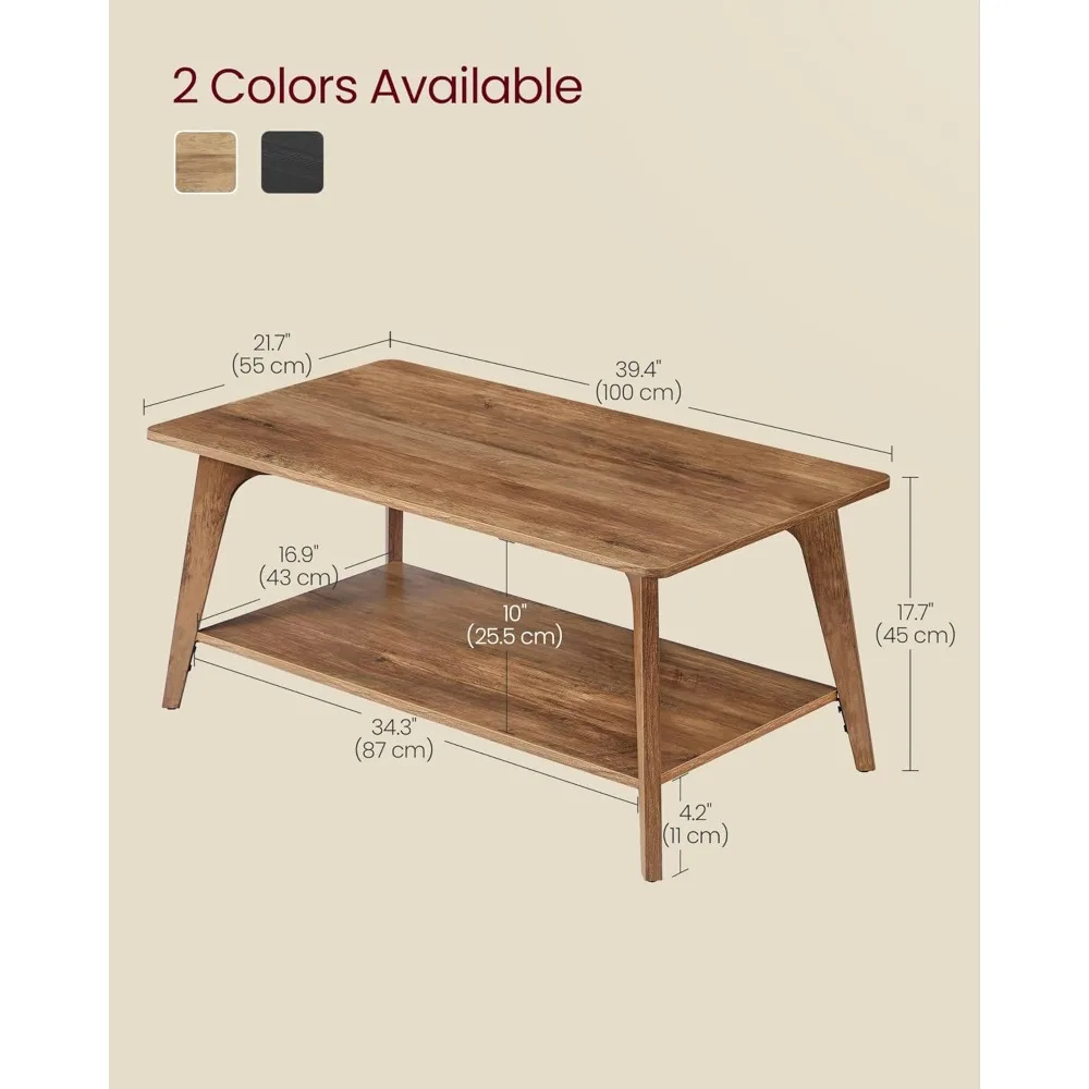 Coffee Table, 2-Tier Living Room Table with Storage, Center Table with Rounded Corners, 21.7 x 39.4 x 17.7 Inches, Easy to Asse