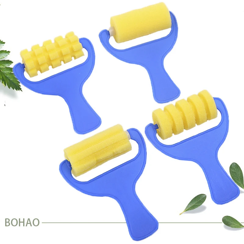 4Pcs DIY Sponge Paint Roller Brush Plastic Handle Set Kid Art Star Craft Painting Tool Early Education Drawing for Children Gift
