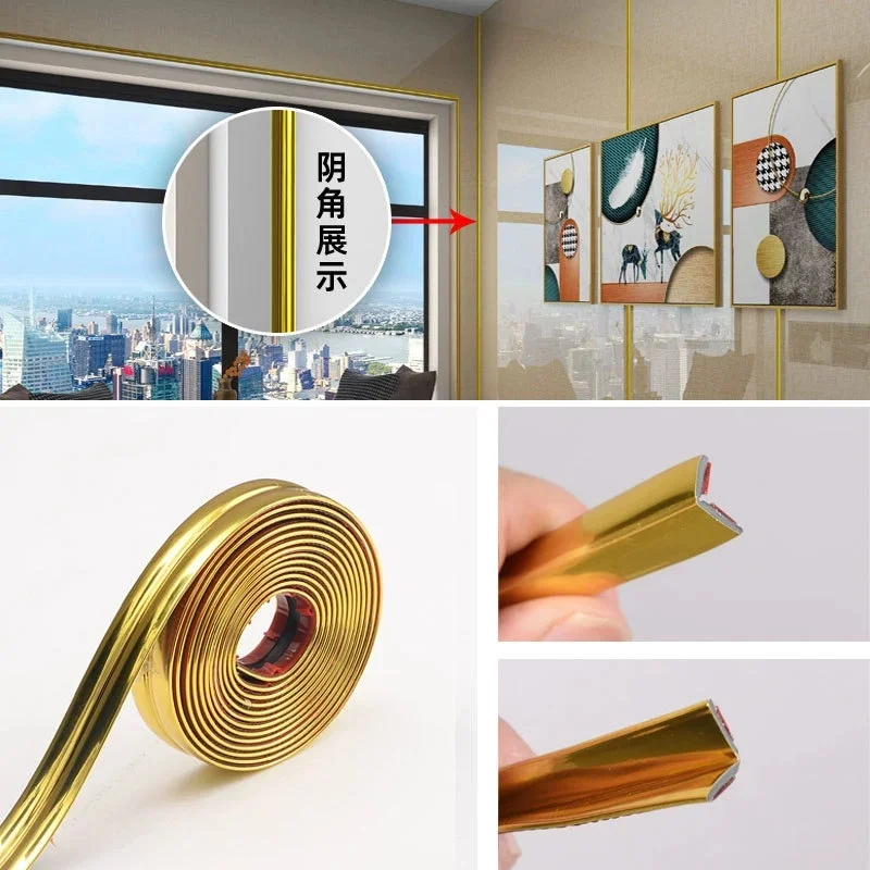 PVC Self-adhesive Decorative Tape Gold Background Wall Inner Corner Decor Strip Furniture Table Edge Anti-collision Bumper Tape
