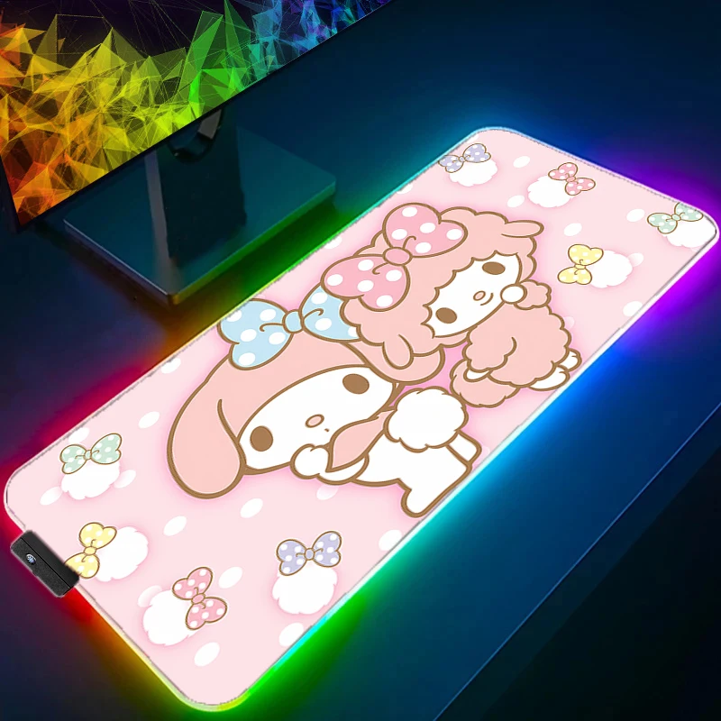 Imagem -05 - Kawaii Led Anime Mouse Pad Tapete de Teclado Portátil Rgb pc Sanrio Gamer Cabinet Estendido Tapete de Mesa Rosa Minha Melodia Kuromi Bonito