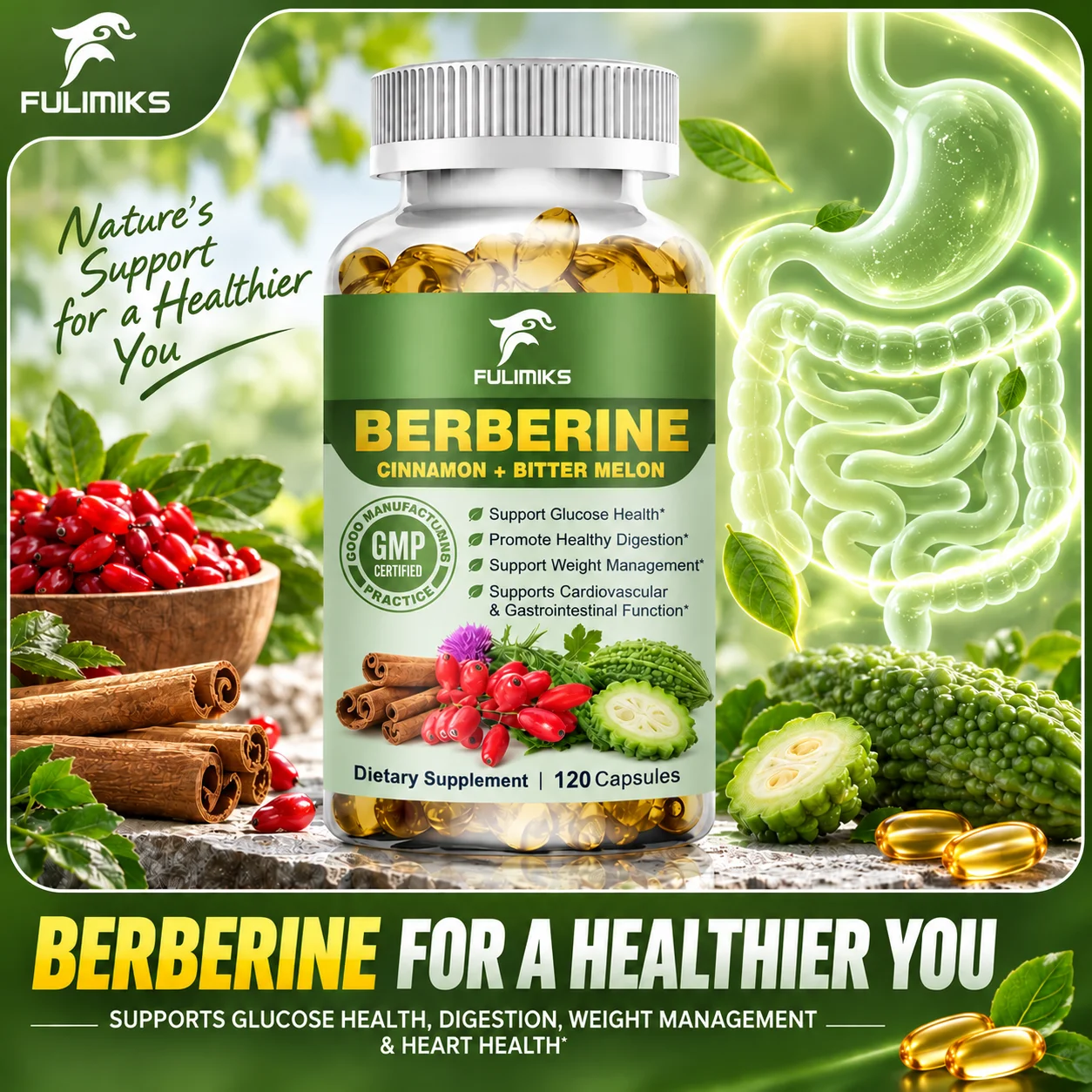 Natural Berberine HCL Capsules, with Bitter Melon & Cinnamon, Supports Glucose Balance, Liver, Digestion & Metabolic Health