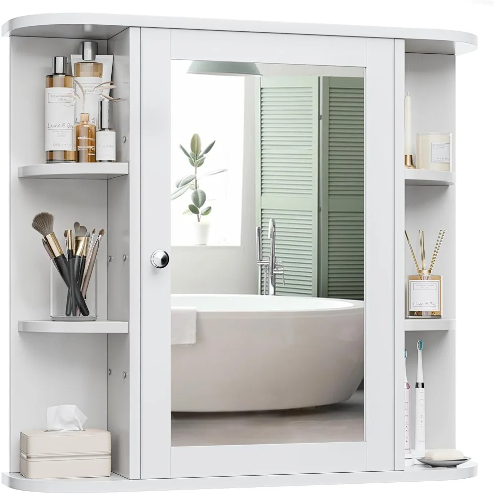 

Bathroom medicine cabinet with mirror. Wall-mounted with 6 side open shelves