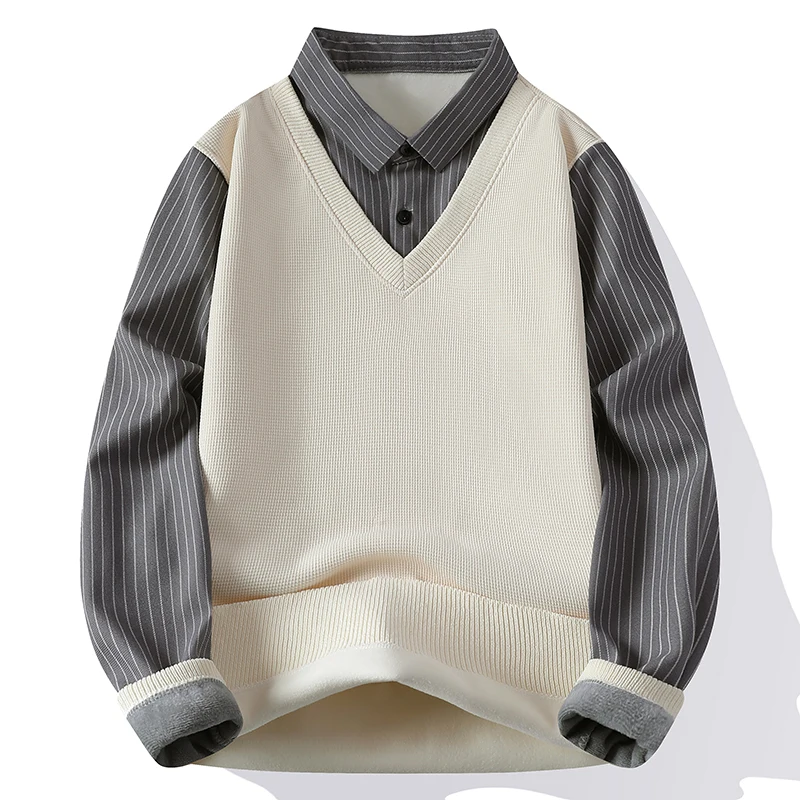 

Воротник рубашки с кукурузным зерном плюс бархатный стеганый свитер, осенне-зимний интегрированный бархатный искусственный два теплых свитера с длинными рукавами