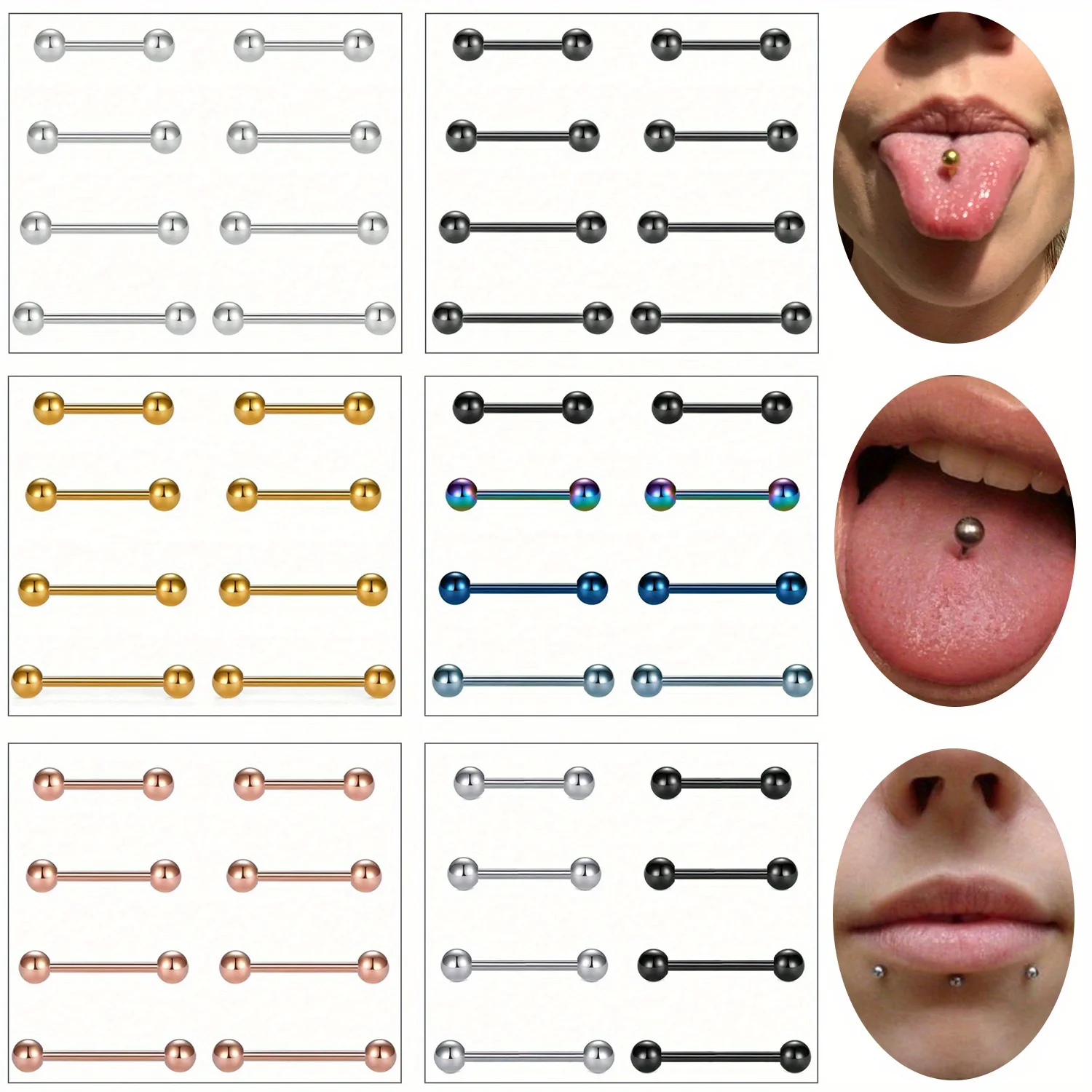 8pcs Stainless Steel Tongue Nipple Barbell Rings With CZ Piercing Jewelry For Unisex Bar Lengths 12mm 14mm 16mm 18mm