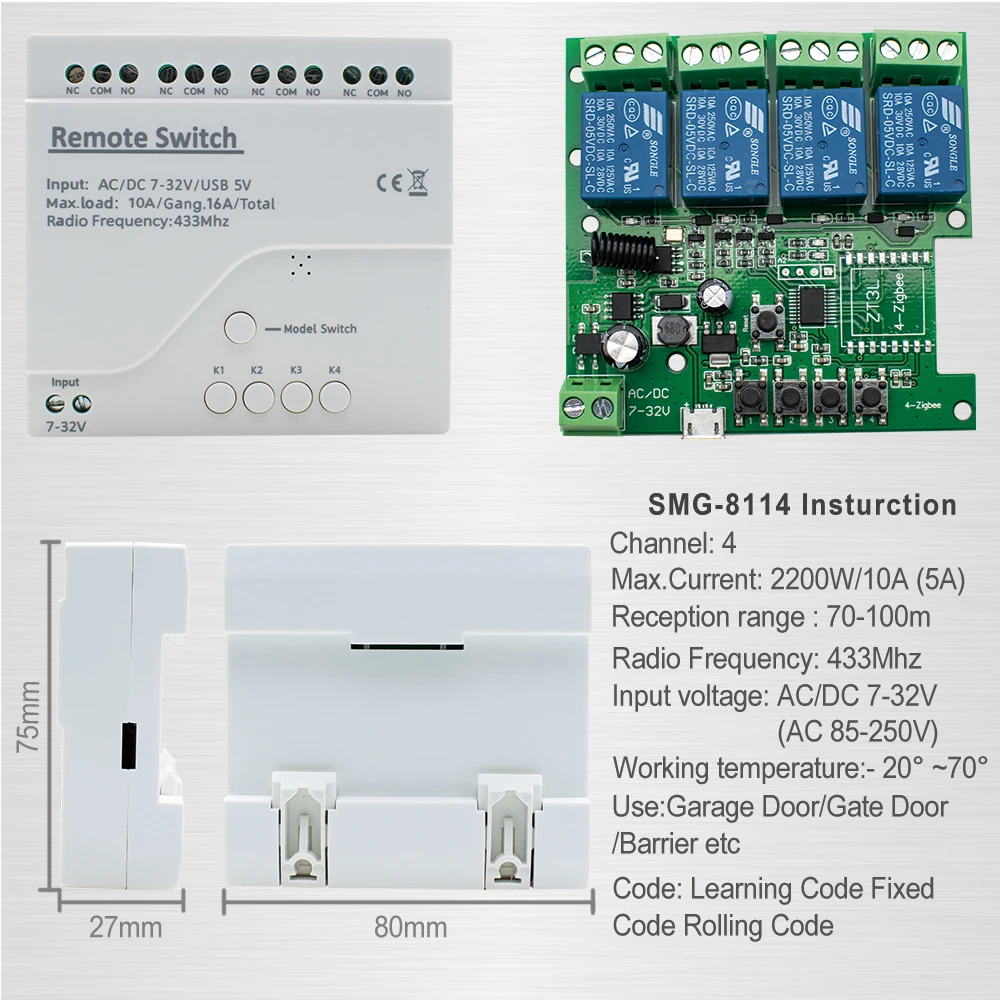 4CH Universal Garage Door Receiver 433mhz Remote Control Fixed Rolling Code HCS301 HCS300 HCS200 HCS201 HSC100 2262 2260 2264