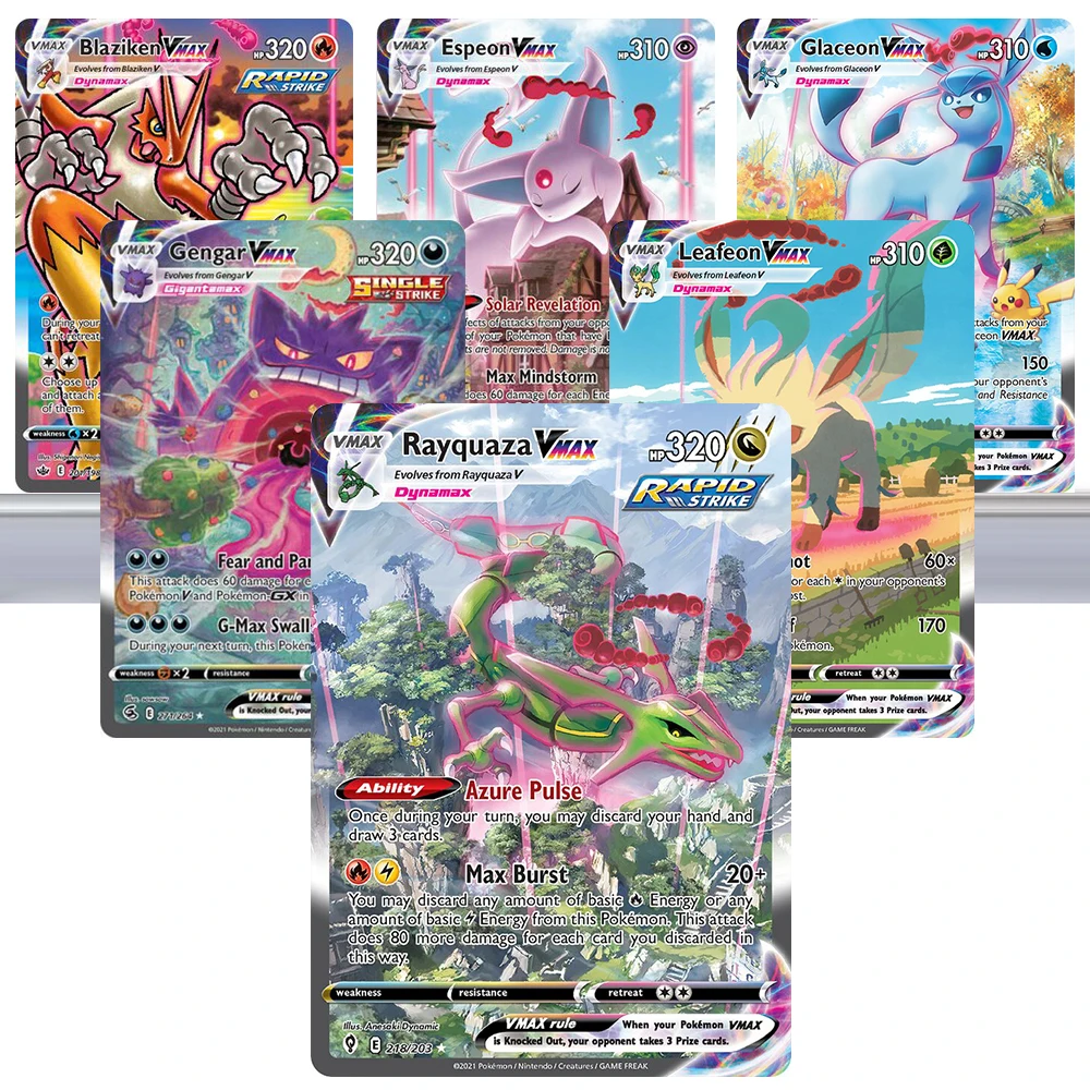 

Карты PKM V MAX, голографические редкие карты, коллекция Rayquaza/Gengar/Leafeon/Blaziken/-VMAX, карты, настольные игры, TCG Proxy, игрушки, подарки