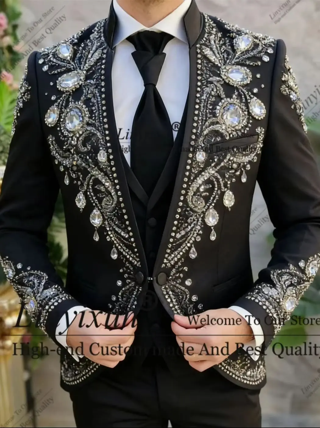 

Elegant Rhinestones Crystals Men Suits 3 Pieces Sets Male Party Prom Blazer Customized Ropa Hombre Handsome Slim Groom Tuxedos