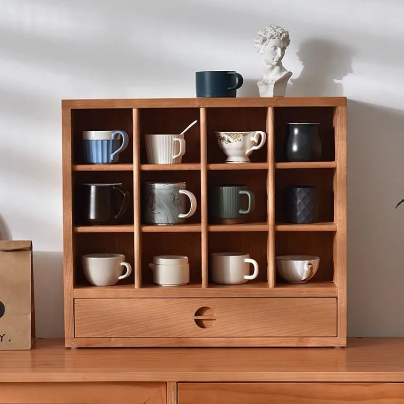 Japanese cup holder, solid wood lattice rack, cup display grid, Nordic Duobao storage rack, log tableware rack.