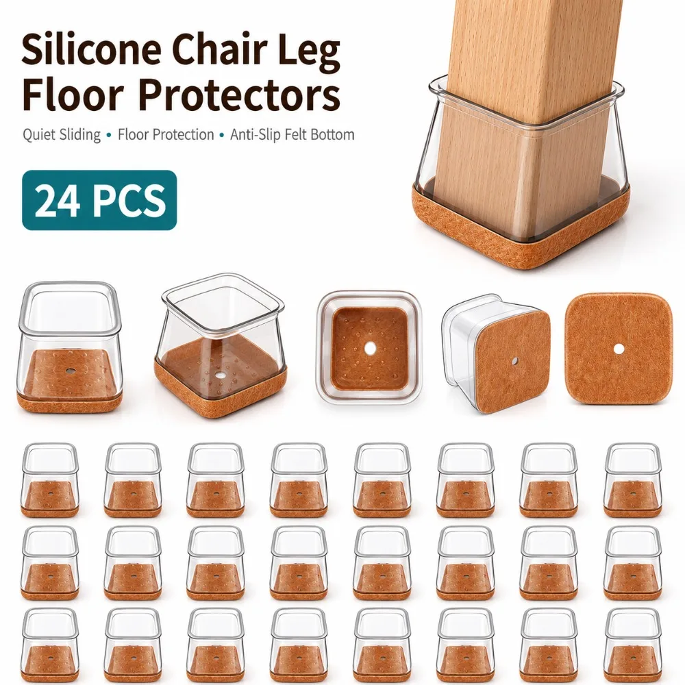 

24 Pack Clear Silicone Chair Leg Floor Protectors, Square Felt Furniture Caps for Chairs Tables Sofas, Anti-Slip Quiet