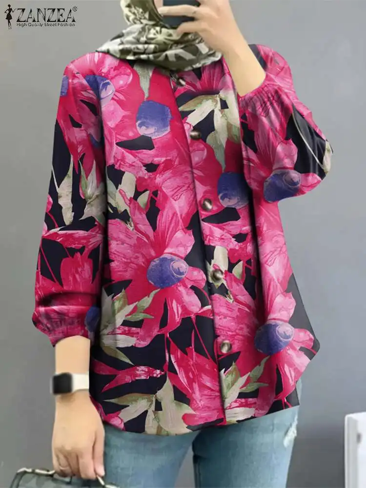 Summer Bohemian Muslim Blouse Women Vintage Long Sleeve Floral Printed Shirt ZANZEA Oversize Female Tops Casual Abaya Kaftan