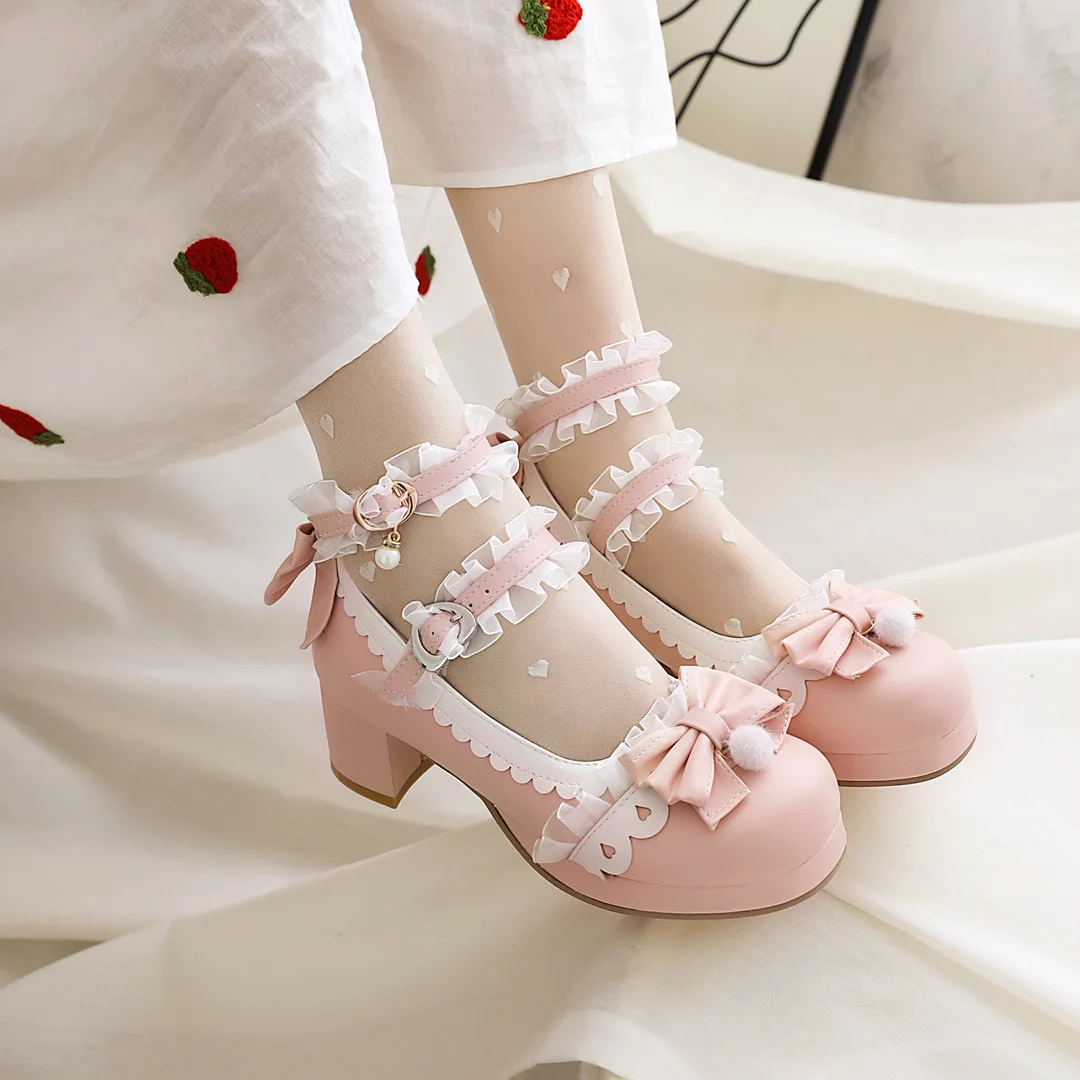 Bambini ragazze scarpe in pelle donna tacchi alti Mary Jane décolleté scarpe da sposa per feste Strawberry Bow Princess Cosplay Lolita Shoes 30-43