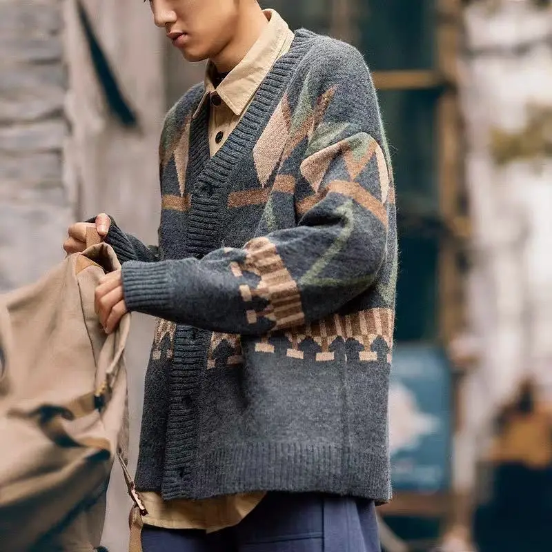 Vintage Japanese Autumn Winter V-Neck Knit Cardigan Loosely Knit Retro Diamond Patterned Color Blocking Casual Outerwear for Men