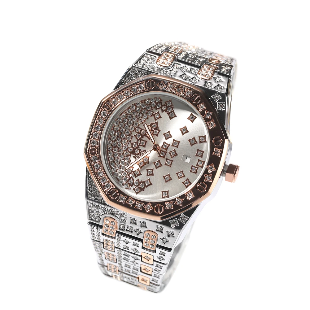 THE BLING KING  Men's Big Dail Quartz Watch Iced Out Bling Diamond Top Dual Clock Luxury Waterproof Wrist Watch