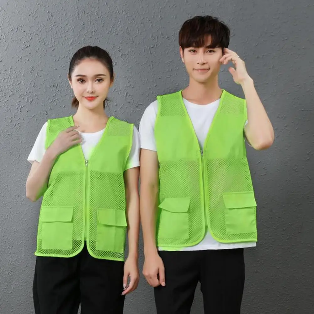 Fishing Vest Hollow Out Zipper Placket Double Pockets V-neck Work Vest Volunteer Bright Color Loose Fit Unisex Work Waistcoat