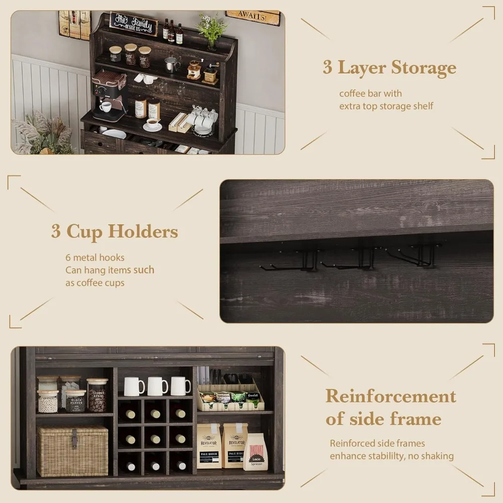 Шкаф для кофе-бара в фермерском доме с 3-уровневым хранилищем, 63-дюймовый кухонный шкаф для хранения вещей с 3 ящиками, высокий кофейный бар с держателями, Wi