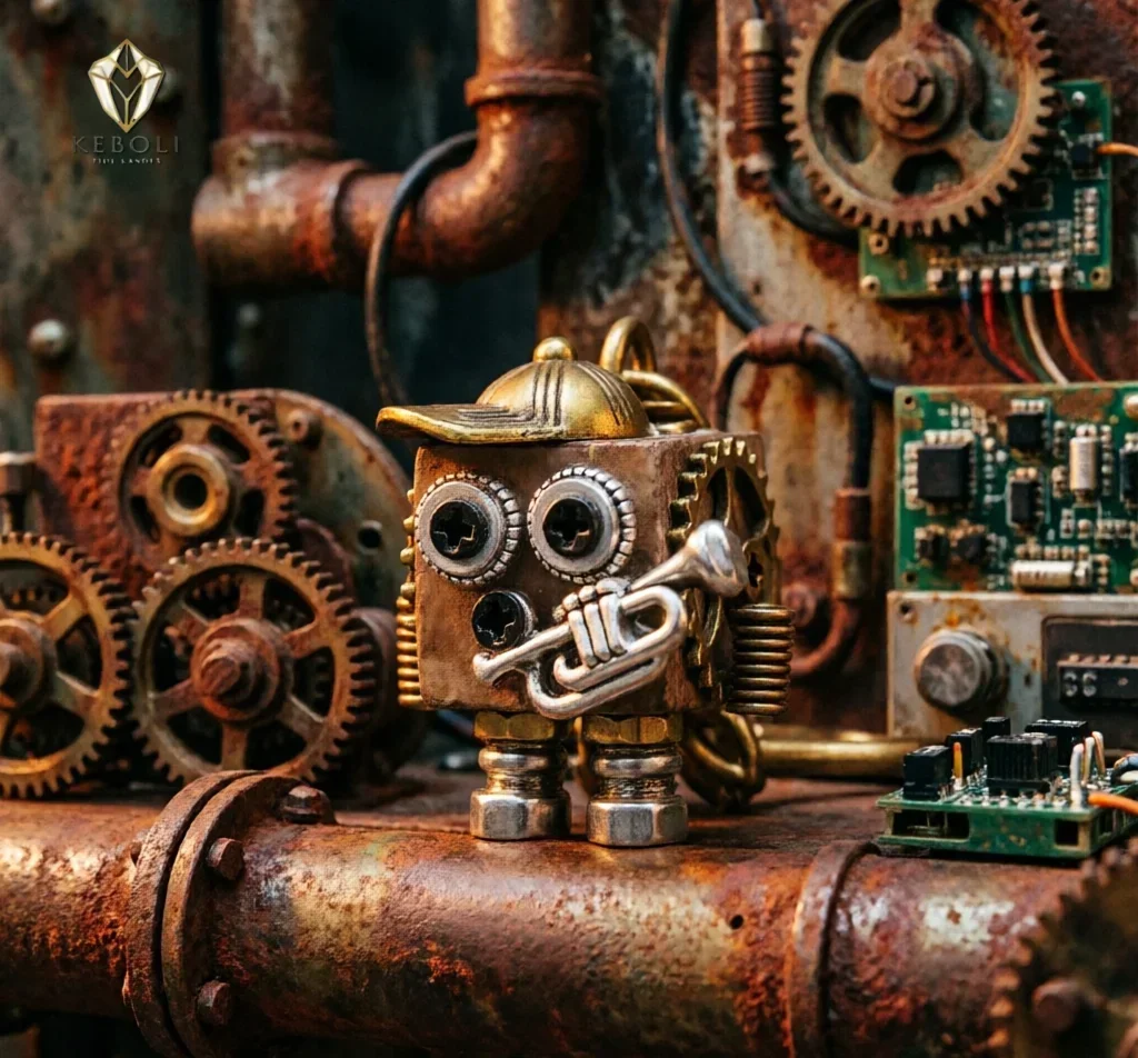 Steampunk Trumpet Robot Keychain Vintage Wooden Gear Charm EDC Bag Pendant Unique Gift for Men Women