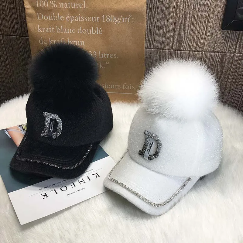 

Women's Winter Hat Korean Fashion Cap Trend Cute Fox Hairball Black and White Baseball Cap Outdoor Panamanian Women's Hat