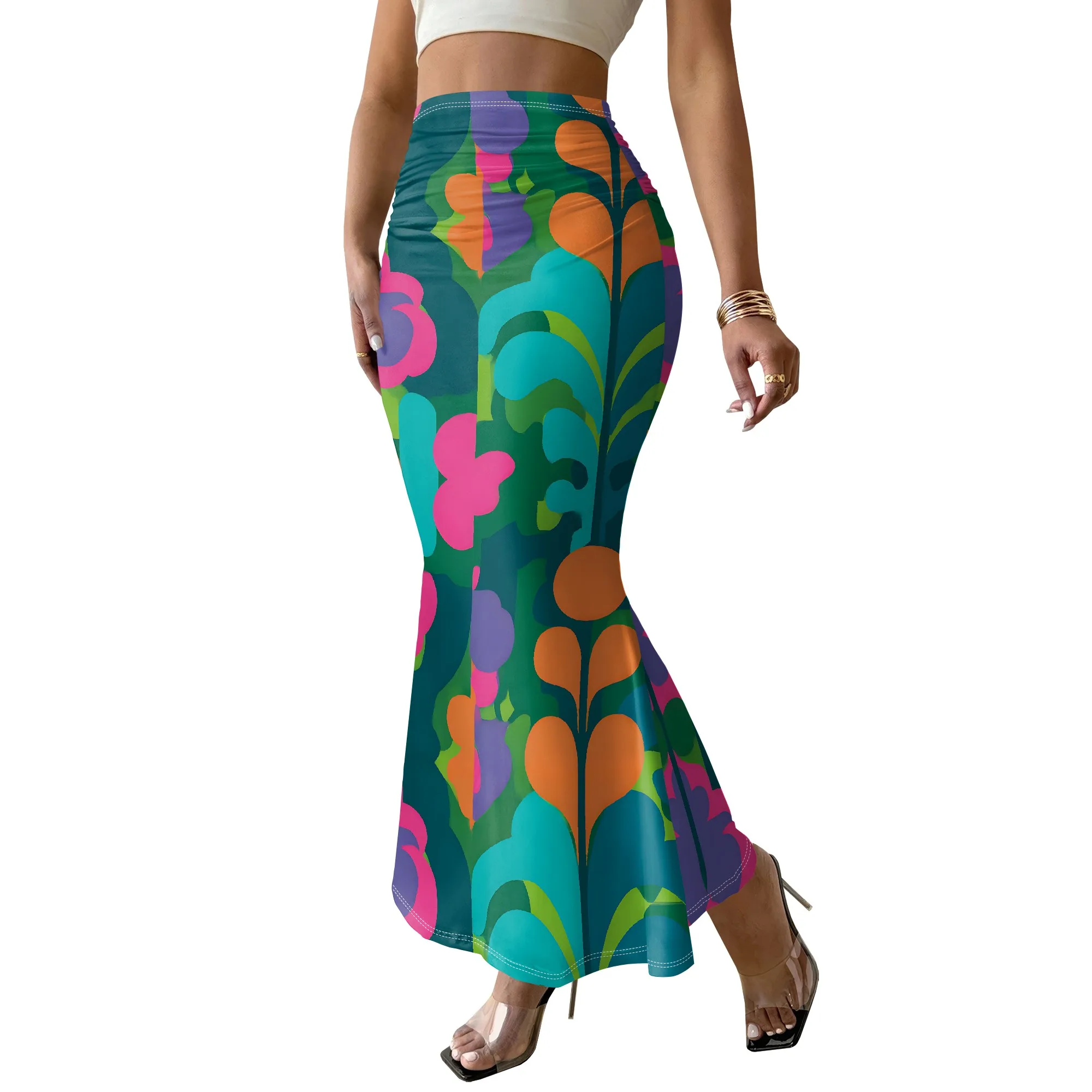 Retro Floral Print, Mermaid Skirt, Vintage Pattern, Boho Style, Summer Beach Wear, Women's Fashion, S-3XL
