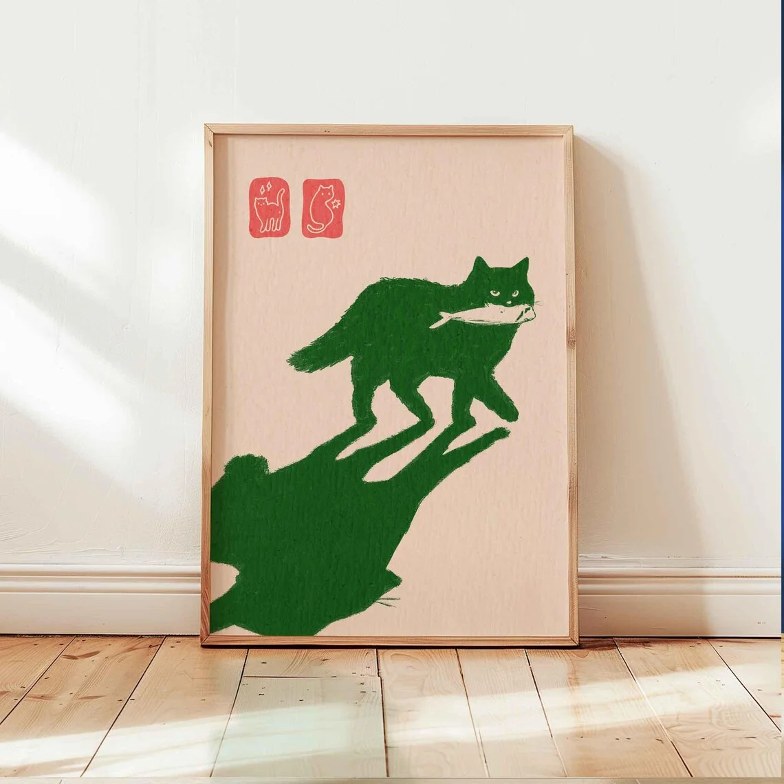 Cat with a Fish Dark Green Poster, Funny Cat Wall Art, Shipped Wall Print, Funny Kitten Art, Japanese Aesthetic Artwork, Japandi