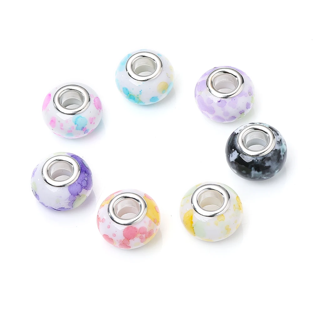 50Pcs Colorful Big Hole Acrylic Beads 14mm Round Flower Print Loose Bead Diy Bracelet Necklace Accessories for Jewelry Making