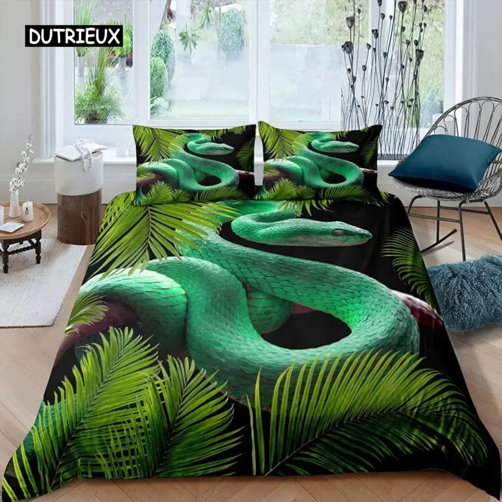 

Snake Duvet Cover Set Green Snake Bedding Set Microfiber Animal Theme Bedclothes for Boys Men Double Queen King Size Quilt Cover