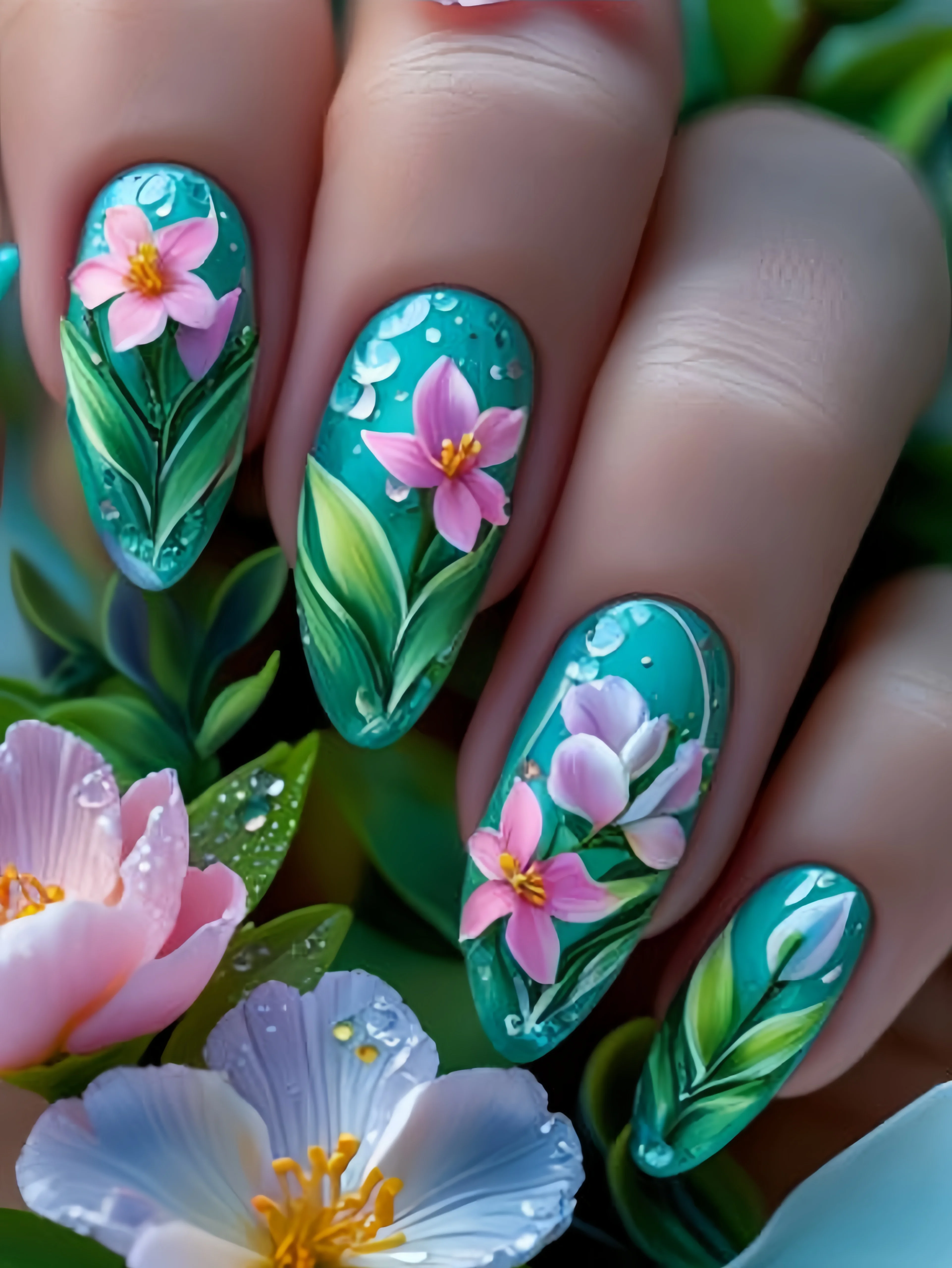 Toppe per unghie verdi per unghie di mandorla di media lunghezza, toppe per unghie con motivo floreale vegetale alla moda primaverile ed estivo, 24 chiodi staccabili p