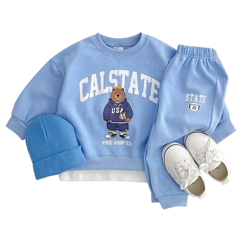 Fashion girls Toddler Baby Korea Clothing Fall Clothes Sets Baby Boys ​Set Kids Sports Bear Sweatshirt Pants 2Pcs 2 to 8 year