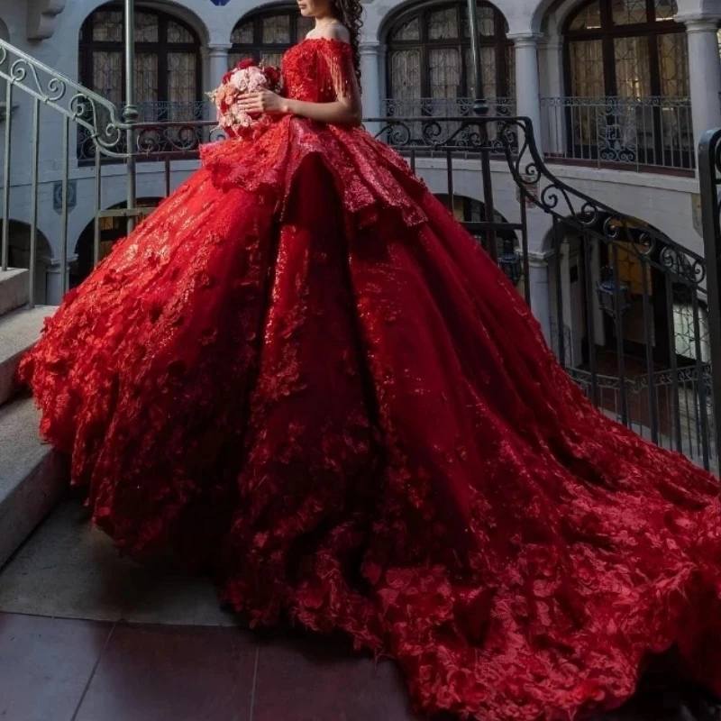 

Customized Glitter Red Women Prom Special Occasion Dress Off Shoulder Tassel Ball Gown Sweep Train Wedding Party Quinceanera 15