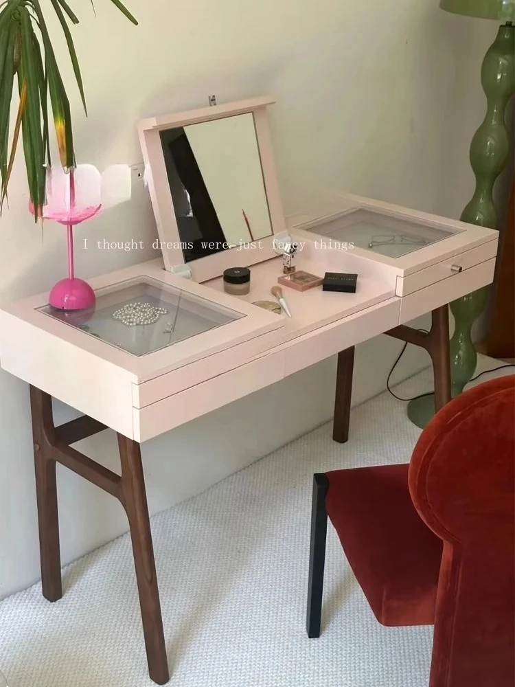Medieval pink dresser solid wood bedroom simple retro flip cover home makeup table