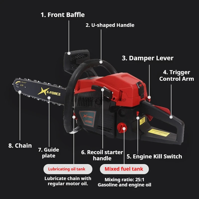 58cc 2.2kw Powered Chainsaw Two Stroke Engine Heavy Duty Wood Cutting Tree Pruning Saw Portable Home Logging Tool For Forestry
