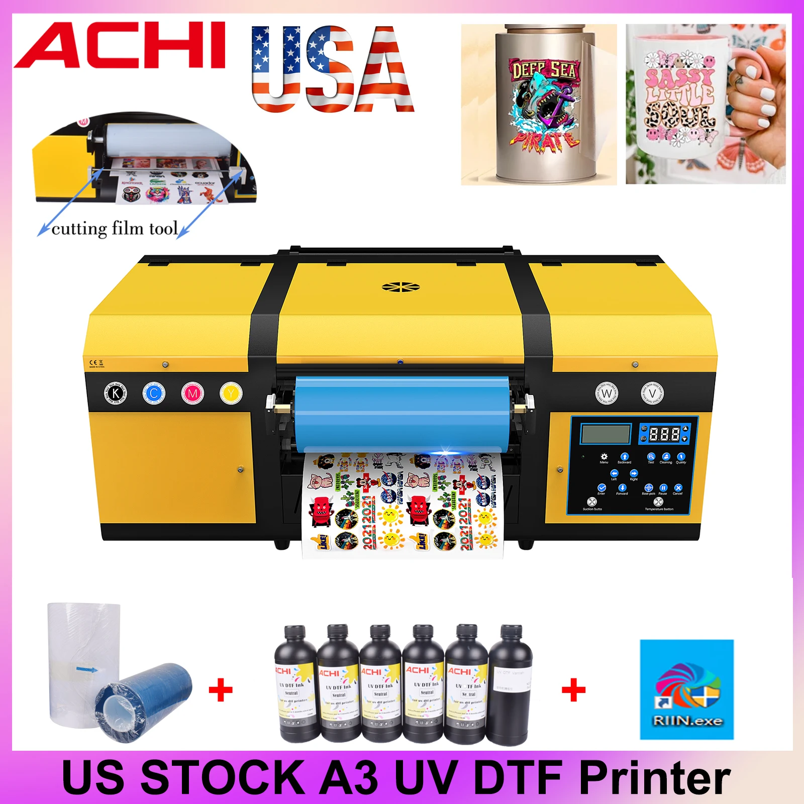 US STOCK A3 UV DTF Printing Laminating 2 in 1 A3 Varnish Printer Sticker Dustproof Embossed for Wood Glass Phone Case EU Ship