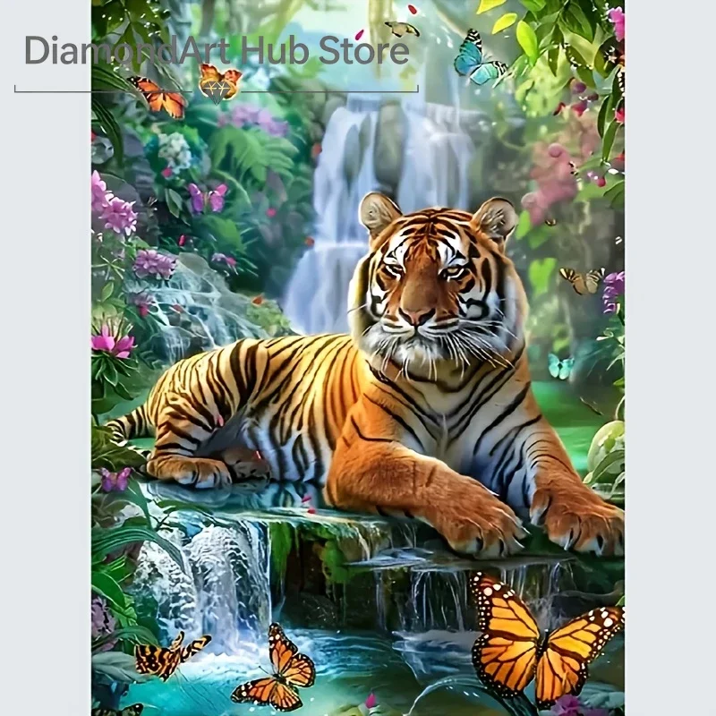 DIY Jungle Tiger Waterfall Diamond Painting Orange Butterfly Floral Nature Scene Creative Gift Home Decoration