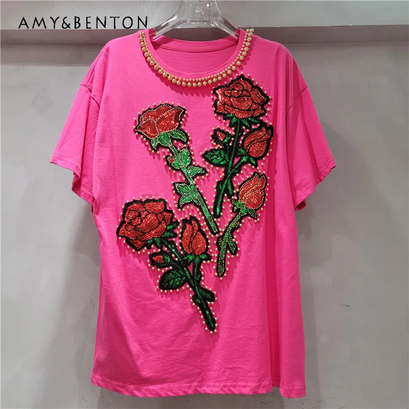 Heavy Industry Design Beaded Loose Top Pullover Women's 2025 New Popular Sequins Big Flower Short Sleeved O-neck Rose Red Tshirt