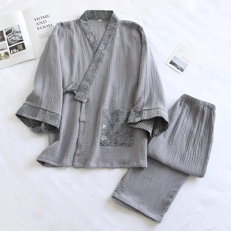 Japanese Kimono Mens Pajamas Men Sleepwear Male Casual Loose Home Two Piece Set Sleepwear Nightgown Outfits Asian Clothes