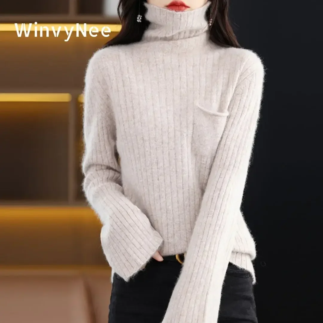 WinvyNee Women Clothing Mink Cashmere Sweater Turtleneck Solid Slim Tops with Pocket Outerwears Knit Oversized Pullover A1248015