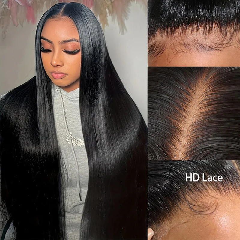 Perruque Lace Front Wig Brésilienne Naturelle Lisse, Cheveux Humains, 13x4, Pre-Plucked, Transparent HD, Densité 220