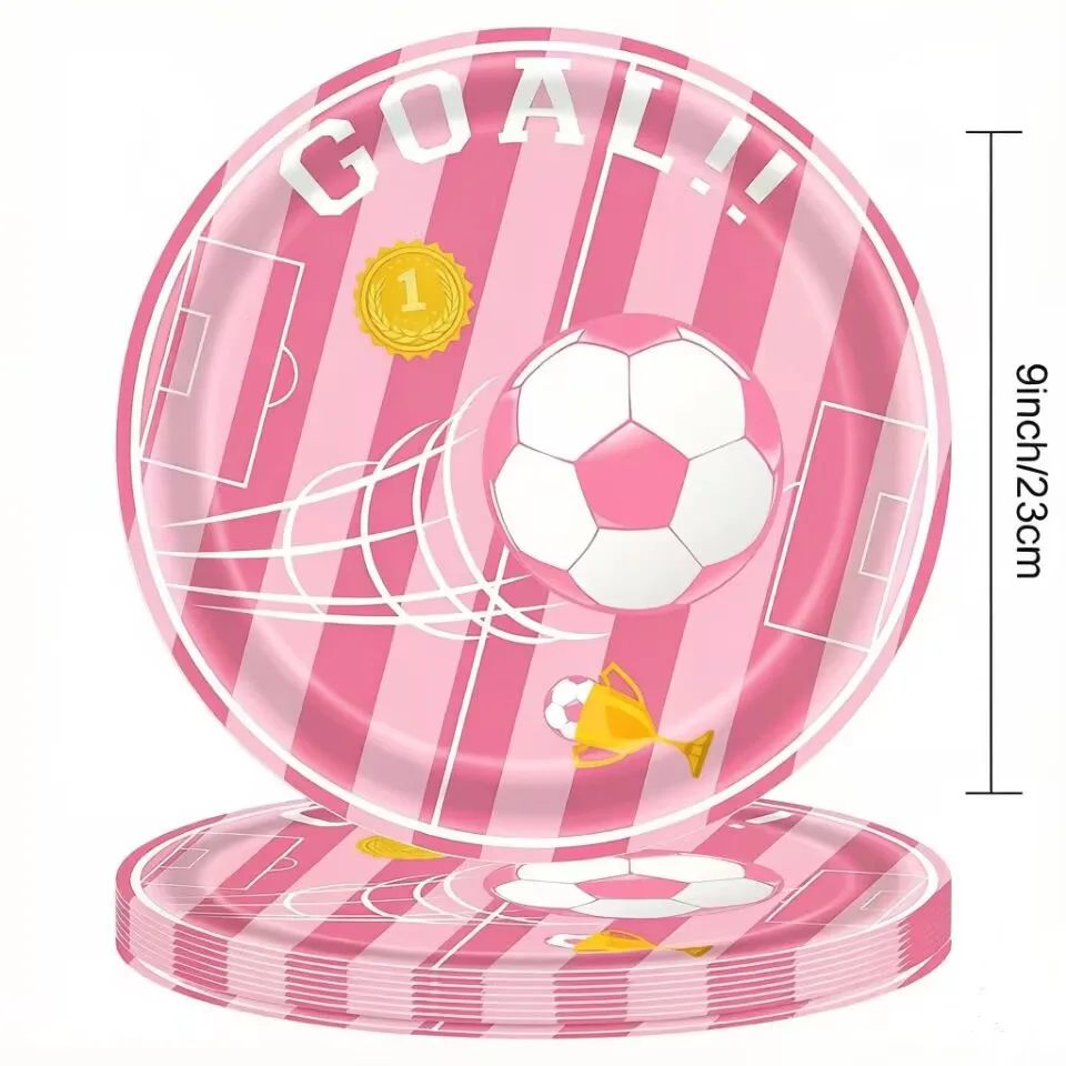Neues Rosa Einweg-Fußball-Geschirr, Pappbecher, Teller, Servietten, Tischdecken, Geburtstagsfeiern, Feierlichkeiten, Partyzubehör – Detail 4