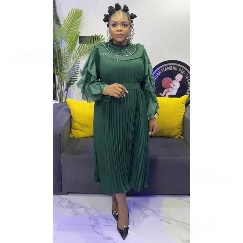

2025 Summer New Solid Color Splicing Bead Dress with Diamonds Miyake Pleated Loose Women's Dresses