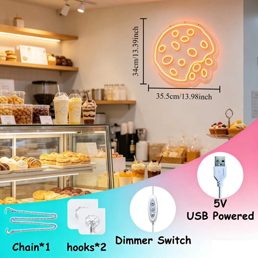 Cookie Bite Neon Sign LED Dimmable USB Wall Light for Bakery Cake Shop Kids Room Kitchen Dessert Bar Birthday Party Wall Decor
