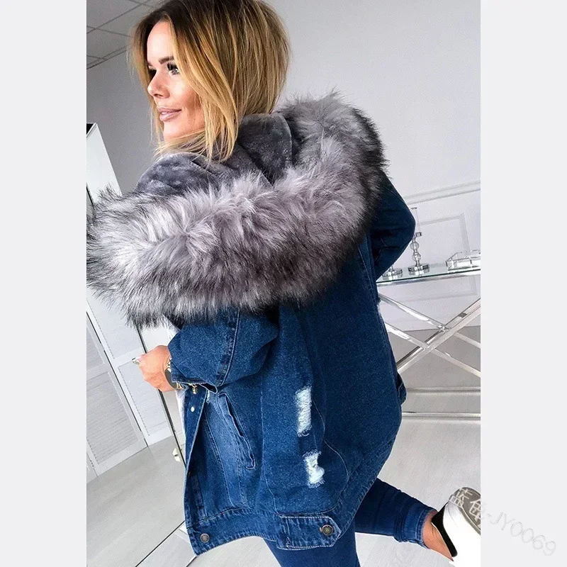 Women Fashion Long Sleeve Denim Jacket Faux Fur Collar Hooded Coat Autumn Winter Warm Thicken Wool Lining Denim Coat Outerwear