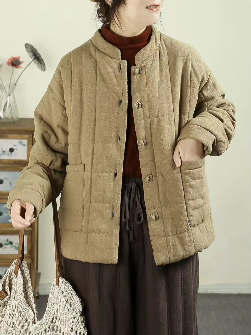 Warm Cotton Jaet Retro Sle Stand Collar Buttoned Coat Thiened Winter Outerwear for Women Brand Label Removed