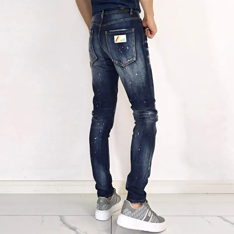 Hombre Ripped Splash Ink Patch Skinny Jeans Mid Rise Stretch Slim Streetwear Denim Jeans